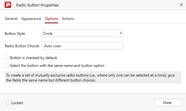 PDF Extra: PDF Extra: form properties - radio button options tab